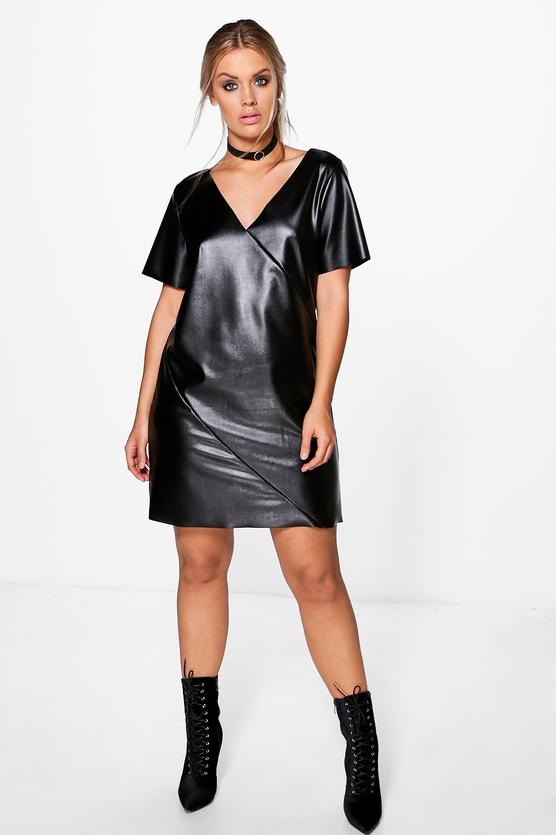 Plus Khloe Faux Leather V Neck Shift Dress